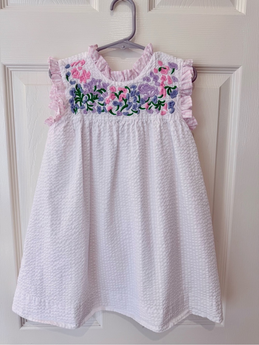 Cecil and Lou Lavender and White Seersucker Embroidered Fiesta Dress